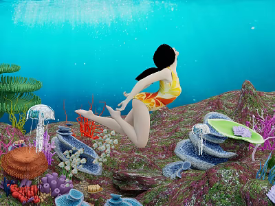 Game Movie Female Character in Yellow Swimsuit Swimming Underwater with Corals Jellyfish and Rocks 3d model
