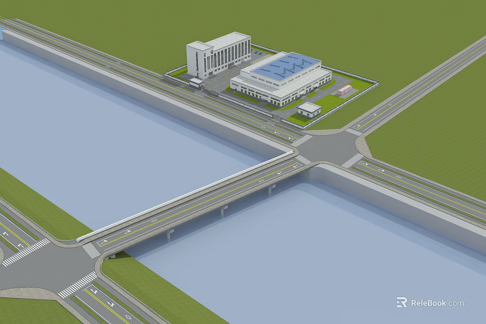 Bridge Over River Connecting Roads at Intersection with Buildings Green Areas and Vehicles 3d model 