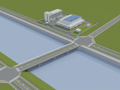 Bridge Over River Connecting Roads at Intersection with Buildings Green Areas and Vehicles 3d model