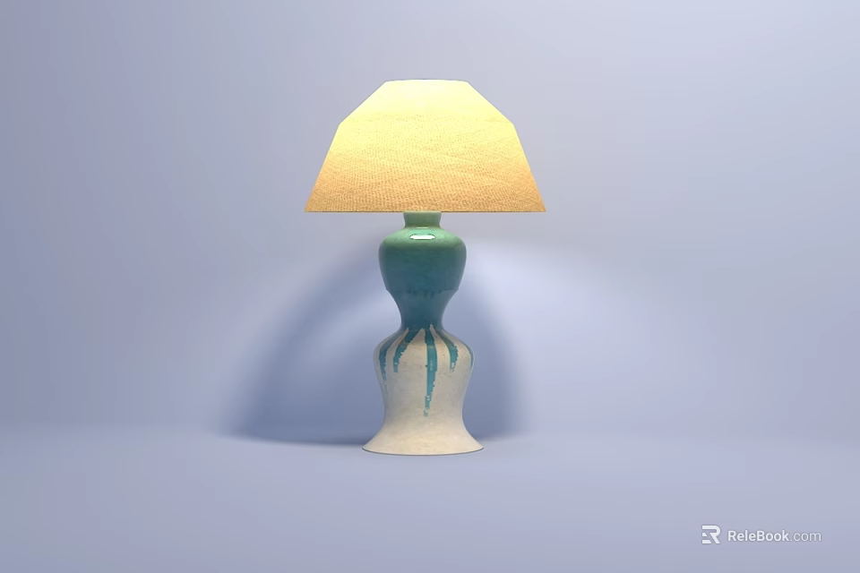 Yellow Linen Shade Table Lamp with Blue Green White Curved Textured Base 3d model 
