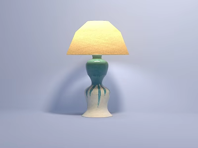 Yellow Linen Shade Table Lamp with Blue Green White Curved Textured Base 3d model