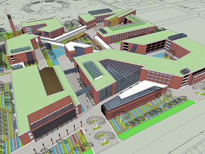 Modern Office Building Campus with Green Roofs Glass Facades and Landscaped Courtyards 3d model