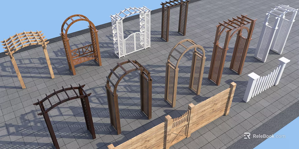 Decorative Garden Structures With Wooden Arches Pergolas And Fence Designs 3d model 