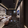 Shop Reception Area With Marble Wall Ambient Lighting And Shelves