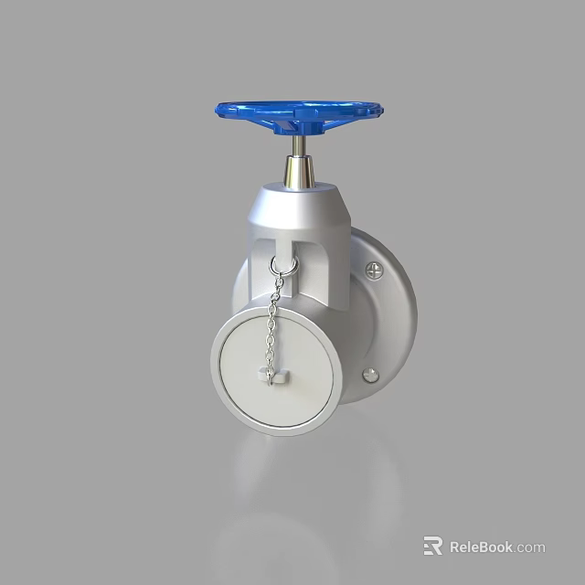 Pipe Valve With Blue Wheel And Silver Body Featuring Circular Component And Chain 3d model 