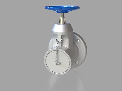 Pipe Valve With Blue Wheel And Silver Body Featuring Circular Component And Chain 3d model