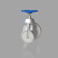 Pipe Valve With Blue Wheel And Silver Body Featuring Circular Component And Chain