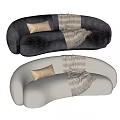 Curved Sectional Sofa in Gray Velvet and Ivory Shearling with Fringed Throw Blanket and Pillows