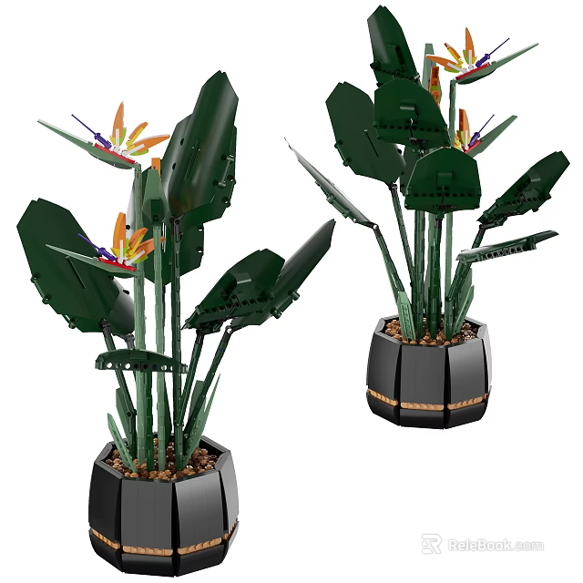 Building Blocks Potted Plant with Green Leaves Bird of Paradise Flowers Black Pots Gold Accents 3d model 