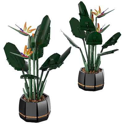 Building Blocks Potted Plant with Green Leaves Bird of Paradise Flowers Black Pots Gold Accents 3d model
