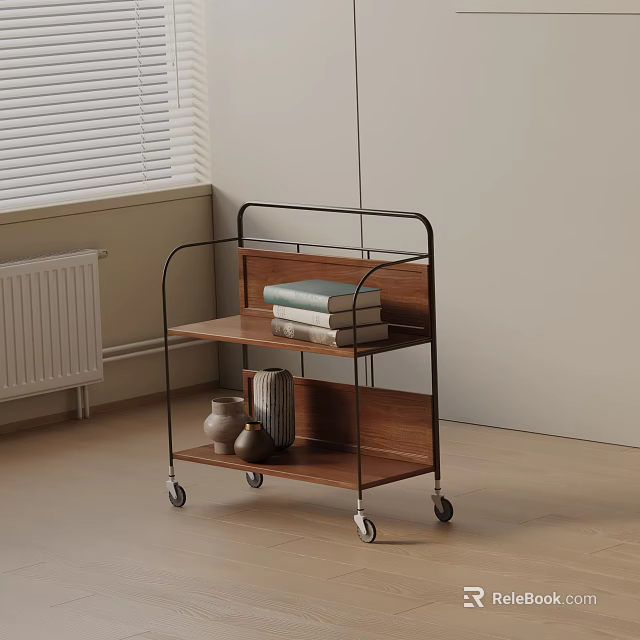 Modern Wooden Side Table with Metal Frame Wheels Two Tier Shelves for Books and Decor 3d model 