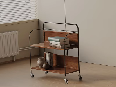 Modern Wooden Side Table with Metal Frame Wheels Two Tier Shelves for Books and Decor 3d model
