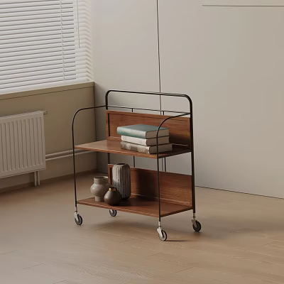 Modern Wooden Side Table with Metal Frame Wheels Two Tier Shelves for Books and Decor 3d model