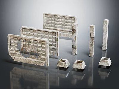 Set Of Patterned Stone Fence Panels With Textured Concrete Posts And Bases 3d model