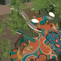 Colorful Kids Play Area With Wave Pattern Buildings Slides Trees And Vibrant Design