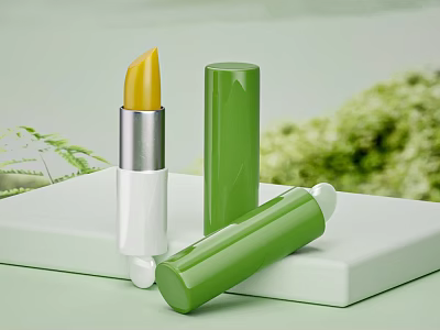 Elegant Perfume Cosmetics Display With Yellow Lipstick Green Tubes On White Base Natural Background 3d model