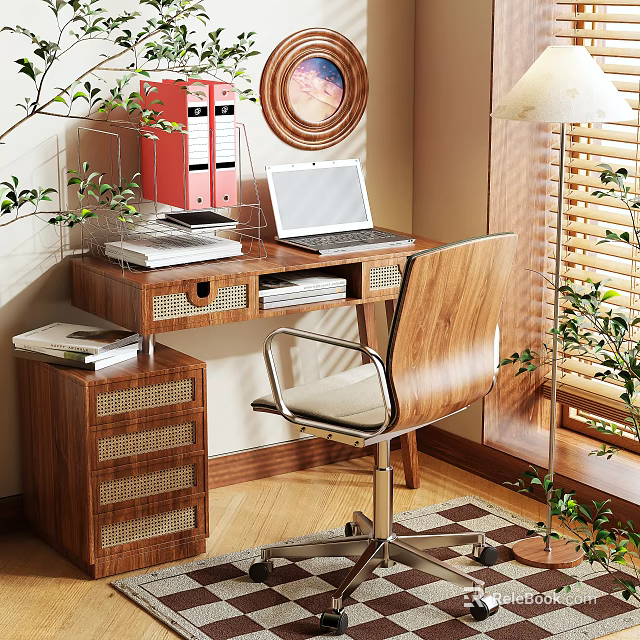 Stylish Wooden Desk Interior With Wicker Drawers Red Folders Laptop Lamp Walnut Chair And Plants 3d model 