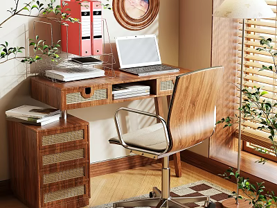 Stylish Wooden Desk Interior With Wicker Drawers Red Folders Laptop Lamp Walnut Chair And Plants 3d model