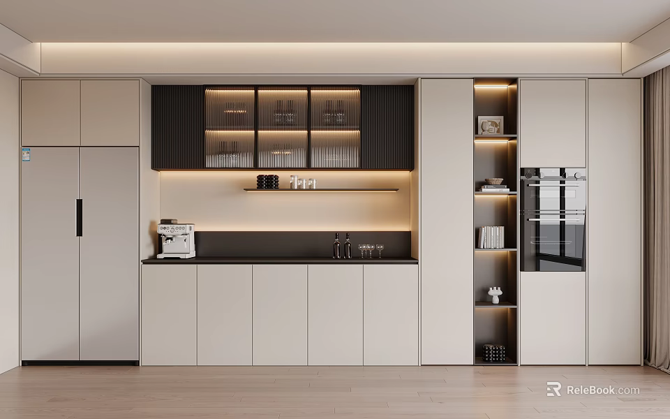 Modern Dining Sideboard with Glass Cabinets LED Lighting Coffee Machine and Refrigerator 3d model 