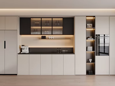 Modern Dining Sideboard with Glass Cabinets LED Lighting Coffee Machine and Refrigerator 3d model