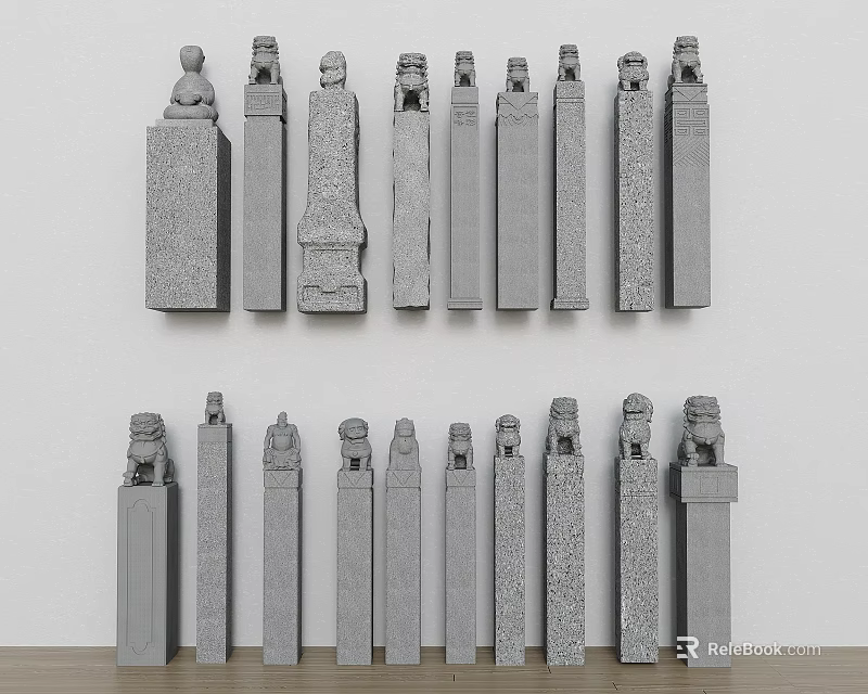 Various Stone Construction Components With Intricate Carved Tops Arranged In Two Rows 3d model
