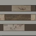 Three Long Scroll Traditional Chinese Paintings with Dark Frames on Light Wall 3d model