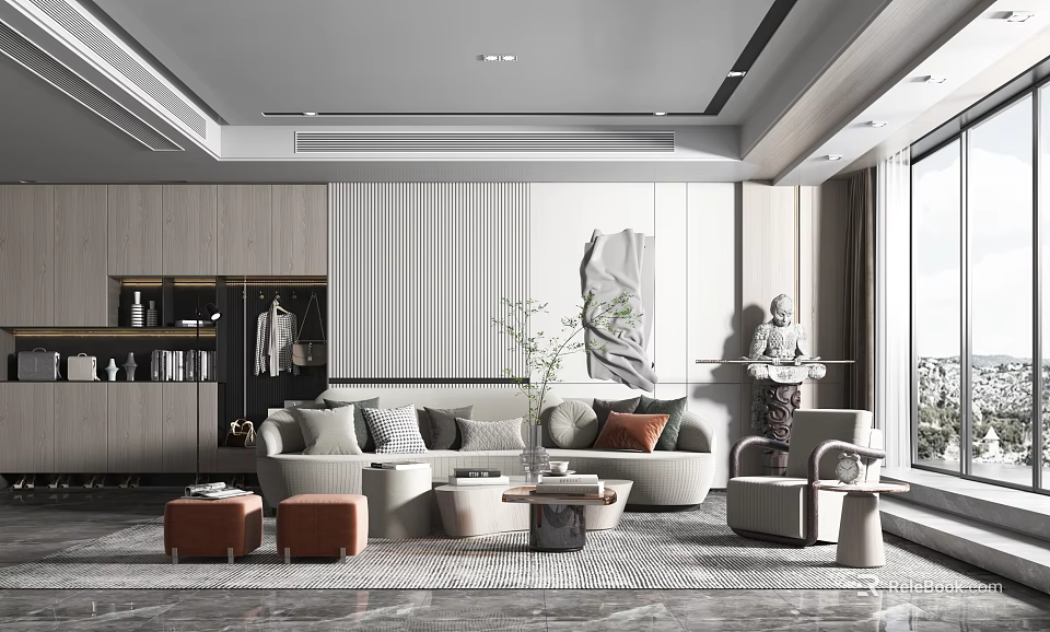 Modern Living Room Interior With Beige Sofa Accent Chair Pillows And Marble Floor 3d model 