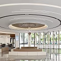 Modern Bank Lobby Interior With Circular Ceiling Lights Water Feature Seating Area And Marble Flooring