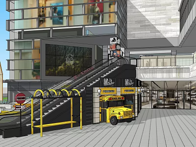 Commercial Street With Escalators McDonald's Sign Glass Curtain Wall Buildings And Pedestrian Area 3d model