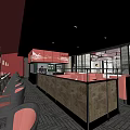 Elegant Chinese Restaurant Interior With Red Seats Dining Tables And Carved Partitions