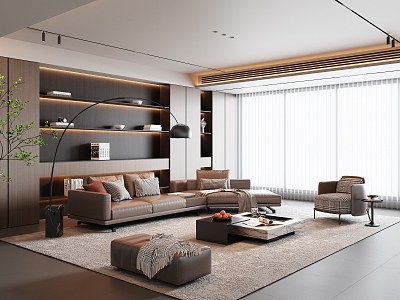 Modern Italian Style Living Room Italian Style Light Luxury Living Room Advanced Grey Living Room Sofa Coffee Table Combination Corner Sofa Leather Sofa Background Wall Leisure Chair Floor Lamp model