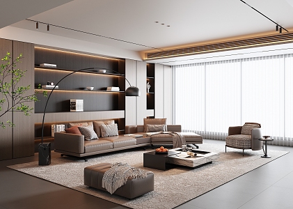 Modern Italian Style Living Room Italian Style Light Luxury Living Room Advanced Grey Living Room Sofa Coffee Table Combination Corner Sofa Leather Sofa Background Wall Leisure Chair Floor Lamp 3d model