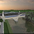 Road Infrastructure Featuring Arch Bridge Over River With Evening Sky Natural Surroundings And Illuminated Design