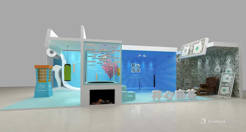 Modern Exhibition Booth With Blue Background Glass Display Dollar Signs And Core Elements 3d model 