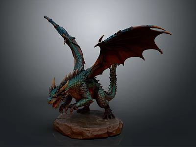Mythical Dragon Sculpture With Green Orange Scales And Open Wings On Stone Base 3d model