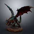 Mythical Dragon Sculpture With Green Orange Scales And Open Wings On Stone Base