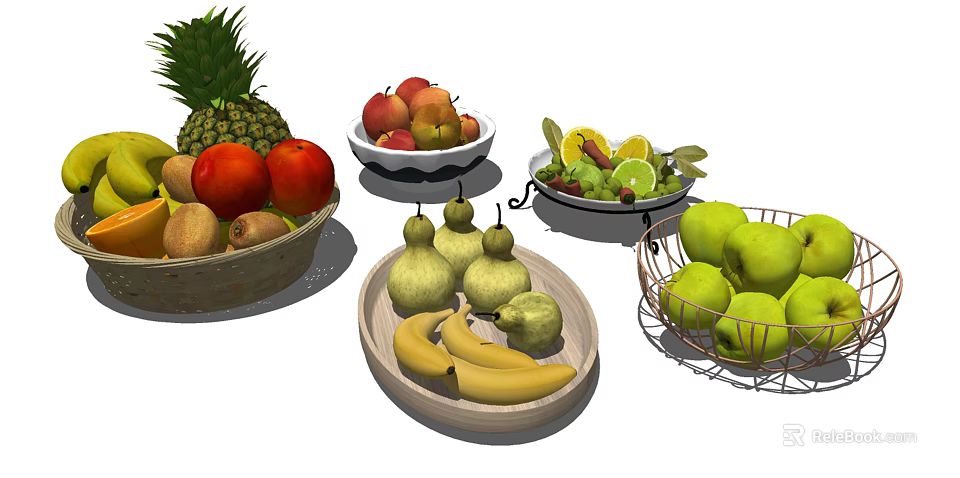 Assorted Fresh Fruits Including Pineapple Apples Pears Bananas And Lemons In Baskets Bowls And Plates 3d model 