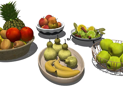 Assorted Fresh Fruits Including Pineapple Apples Pears Bananas And Lemons In Baskets Bowls And Plates 3d model
