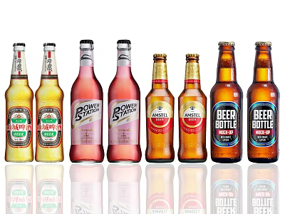 Assorted Beer Bottles Display With Reflections On White Background 3d model Assorted Beer Bottles Display With Reflections On White Background 3d model