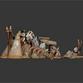 Natural Animal Habitat Scene With Stone Structures And Wooden Decorative Elements