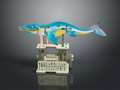 Tylosaurus Leatherback Wooden Model with Blue and Yellow Color on Display Stand 3d model