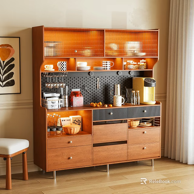 Warm Modern Wooden Sideboard With Glass Fronted Cabinets Built In Lighting And Storage Drawers 3d model 