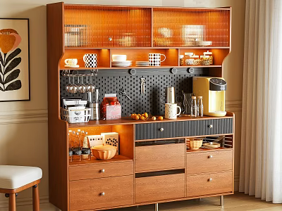 Warm Modern Wooden Sideboard With Glass Fronted Cabinets Built In Lighting And Storage Drawers 3d model