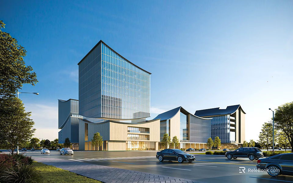 Modern Office Building Complex With Glass Curtain Wall And Landscaped Surroundings Near Road With Cars 3d model 