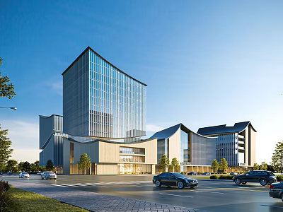 Modern Office Building Complex With Glass Curtain Wall And Landscaped Surroundings Near Road With Cars 3d model