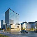 Modern Office Building Complex With Glass Curtain Wall And Landscaped Surroundings Near Road With Cars