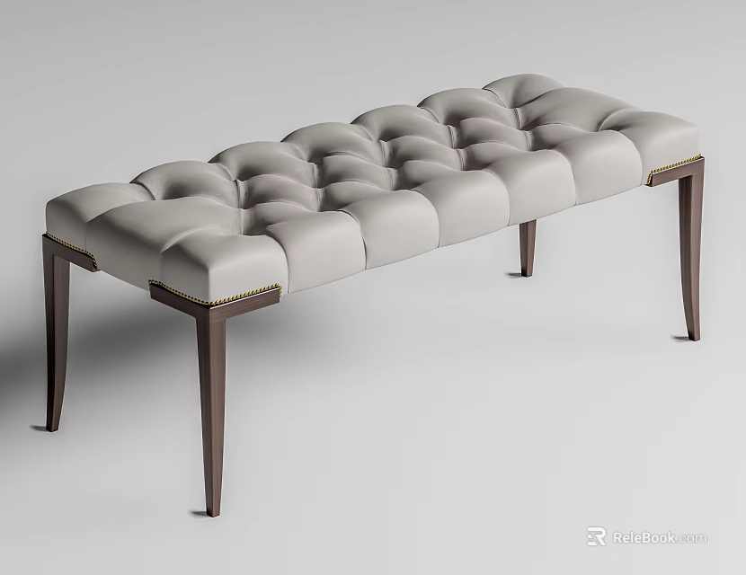 Elegant Beige Tufted Sofa Bench With Dark Wooden Legs And Comfortable Cushion 3d model 