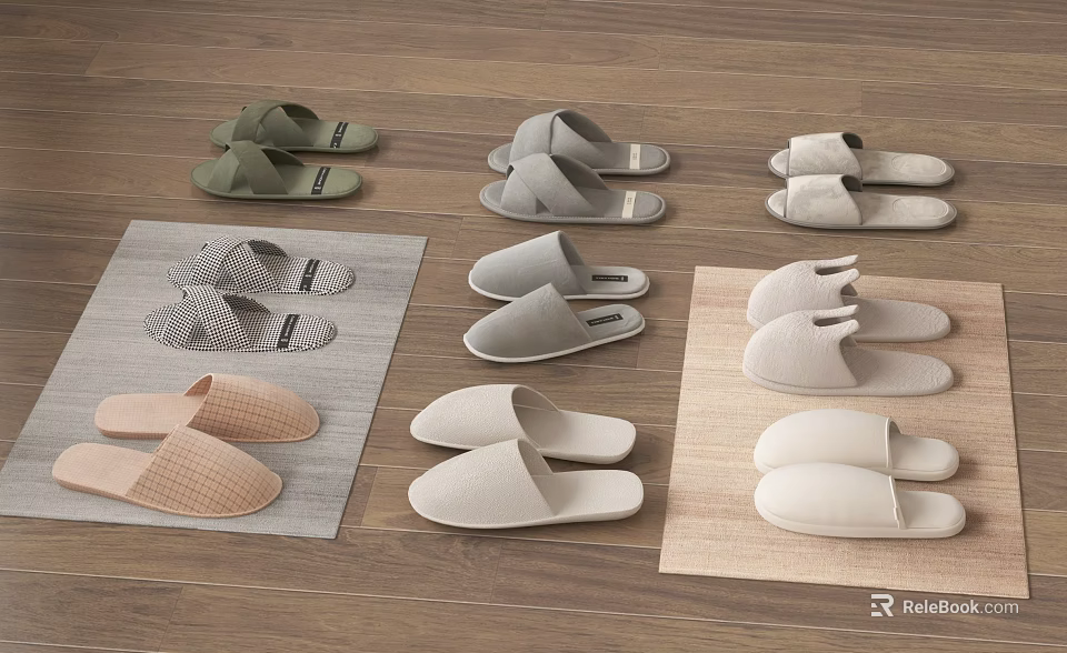 Variety Of Slippers In Different Styles And Colors On Mats Over Wooden Floor 3d model 