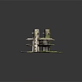Cartoon Style Fantasy Ruins Scene with Round Towers Moss Covered Platforms and Weathered Stone Structures