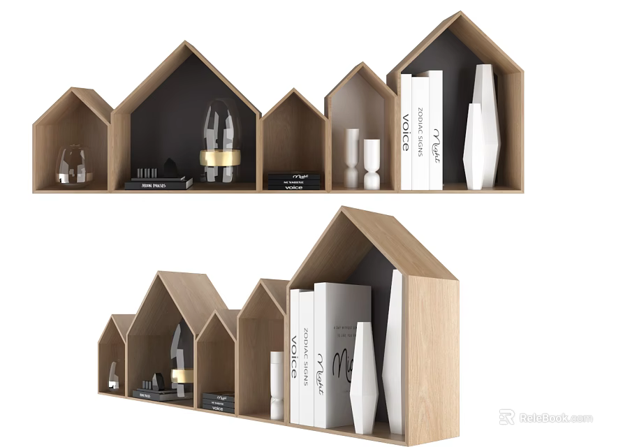 Modern House Shaped Wooden Bookshelf Design With Books And Decorative Objects 3d model 